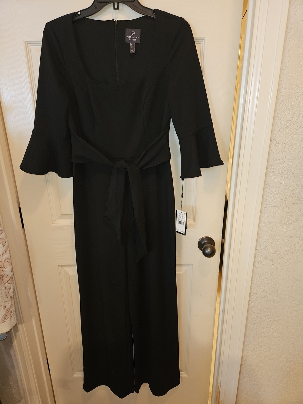 Adrianna Papell Black Wide-Leg Jumpsuit with Tie Waist and Bell Sleeves